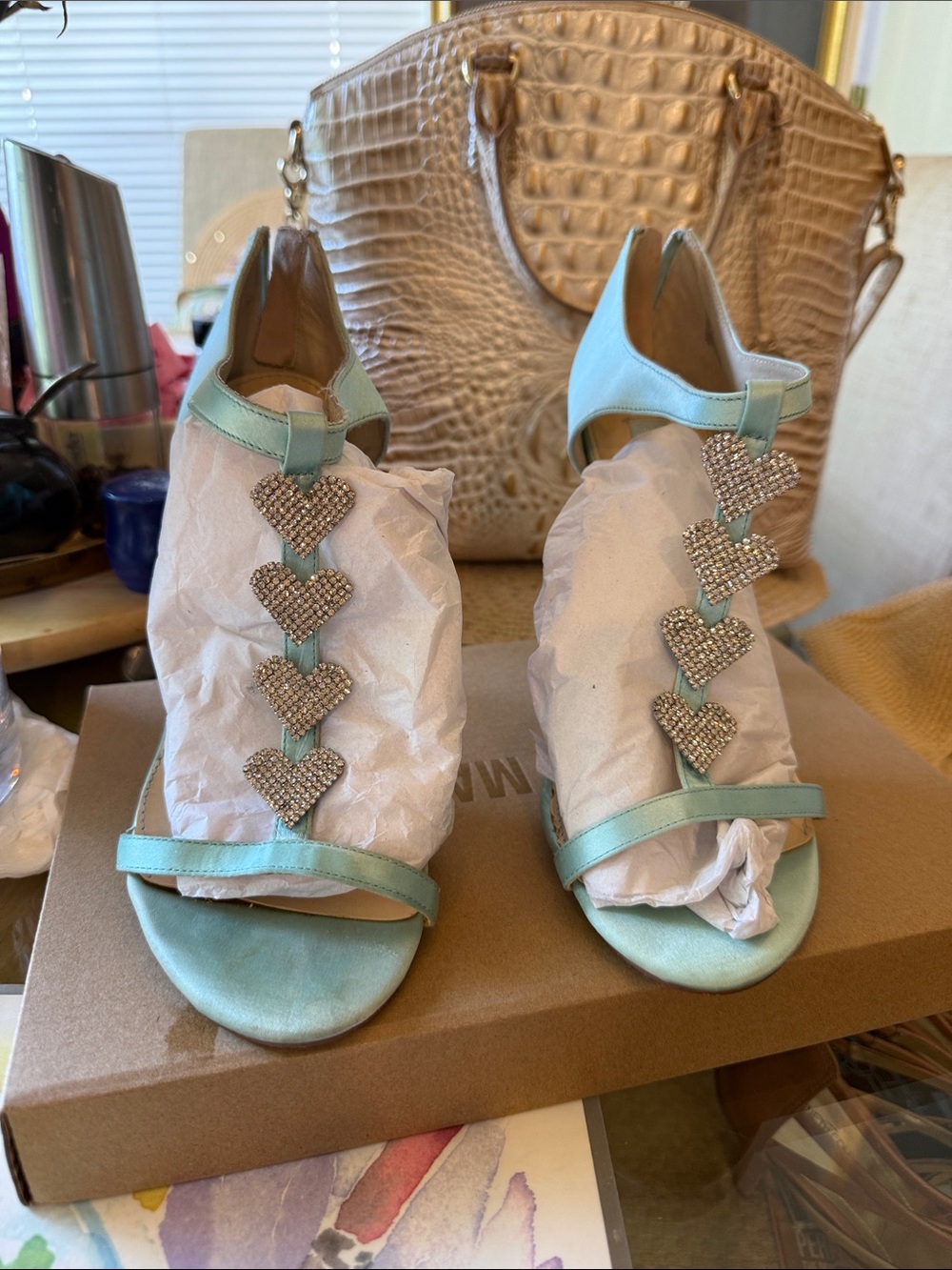 Betsey Johnson Mint Green T-Strap Heels with Rhinestone Heart Accents